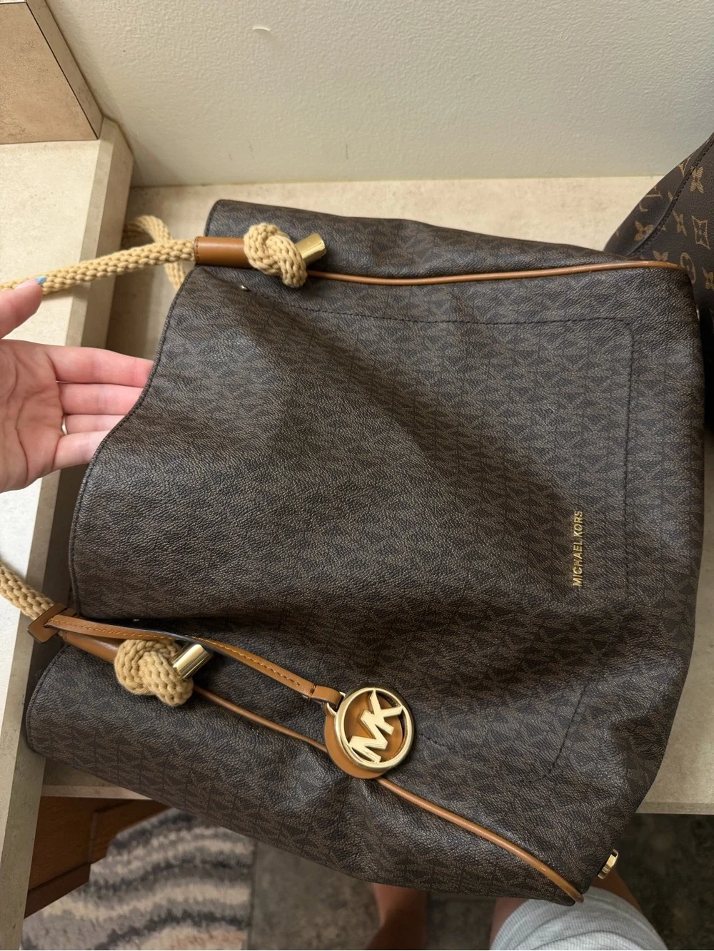 Michael Kors Brown Logo-Print Rope-Handle Shoulder Tote